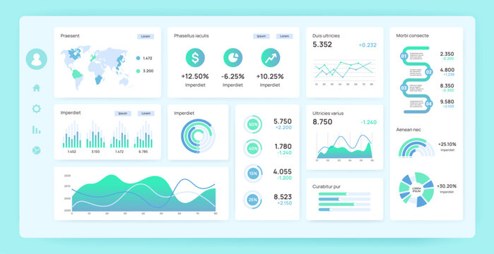 Dashboard. Business interface with presentation infographic graph, chart and kpi diagram. Financial analytics report template. Data visualization vector infographics
