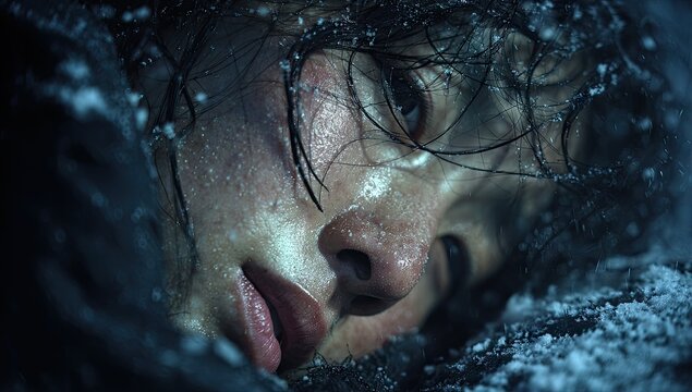 Close-up of a persons face, submerged in water, with wet hair and a distressed expression.