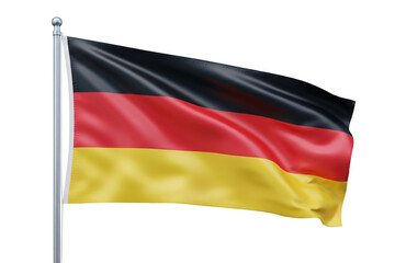 German Flag on Pole Waving in the Wind Isolated on White