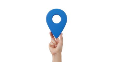 Isolated Hand Holding Blue Location Pin - Pointing to Map, Navigation and Travel Concept