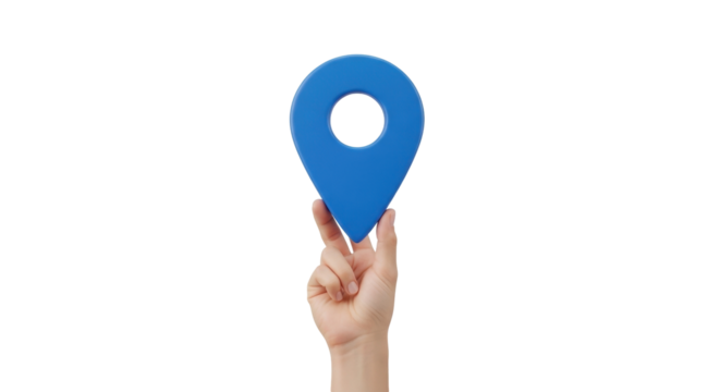 Isolated Hand Holding Blue Location Pin - Pointing to Map, Navigation and Travel Concept