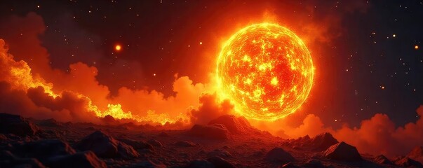 A fiery orb of intense heat and light, a swirling vortex of incandescent plasma explodes outwards, leaving a trail of burning embers , sparks, dark