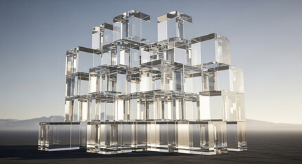 Stack of transparent crystal cubes against a neutral background, creating a minimalist and geometric composition with a focus on light and shadow