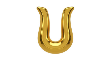 Isolated 3D rendering of a golden letter U, a capital letter with curved terminals, glyph