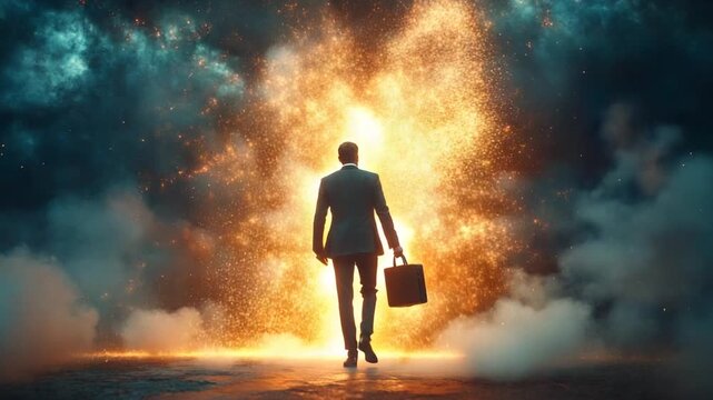Businessman walking towards a fiery explosion, symbolizing courage and new beginnings.