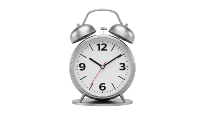 Isolated alarm clock showing ten past twelve, retro wake up time reminder symbol