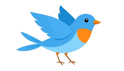 A vibrant illustration showcases a cartoon blue bird with spread wings. It features an orange beak and chest, and brown legs, set against a white backdrop