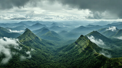 Cinematic aerial view of lush green mountain range and valley under dramatic, moody sky. majestic, wild landscape