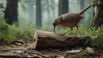 A Pheasant Forages for Food on a Mossy Log in a Misty Forest.