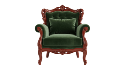 Isolated green upholstered armchair with pillow, wooden frame, antique-style furniture