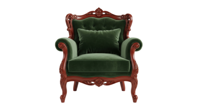 Isolated green upholstered armchair with pillow, wooden frame, antique-style furniture