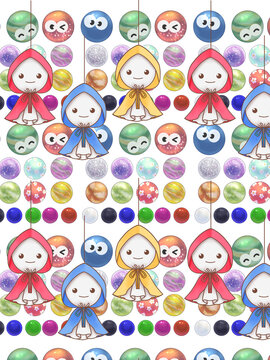Charming and colorful seamless pattern featuring cute illustrations of Japanese Teru Teru Bozu dolls (traditional rain-repelling dolls) in red, yellow, and blue cloaks, interspersed with rows