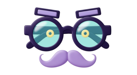 Isolated purple eyeglasses with mustache and block eyebrows, quirky stylized face object