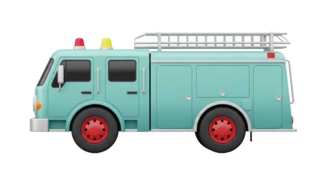 Isolated fire truck with ladder, rendering of light blue toy fire engine for childhood fun