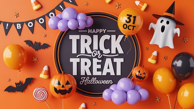 Happy trick or treat halloween scene with pumpkin, ghost and candy on orange background