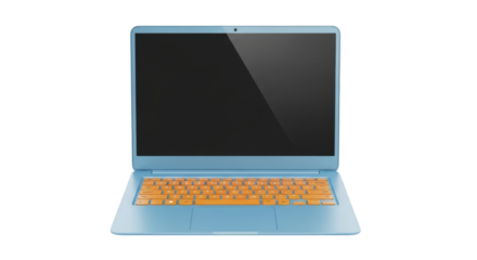Isolated laptop computer with a blue body and an orange keyboard for productivity tasks