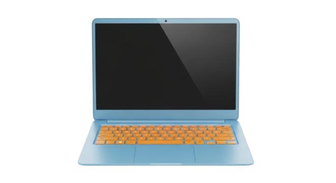 Isolated laptop computer with a blue body and an orange keyboard for productivity tasks