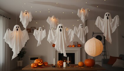 Fabric ghosts, pumpkins and candles decorate a living room for Halloween. Warm string lights, fireplace and leaves on the table create a festive cozy mood.