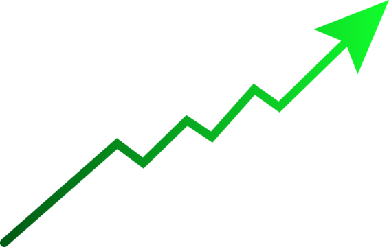 A green arrow indicating growth and progress isolated on a transparent background, showing progress and growth. Green upward trending arrow graph showing progress and growth