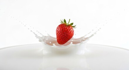 Strawberry splashes into milk, creating a white crown with droplets on white backdrop