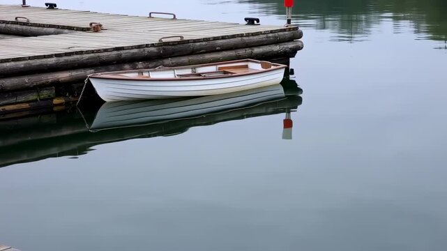 A white wooden rowboat bobs gently, moored by a weathered pier, mirrored in still, reflective water