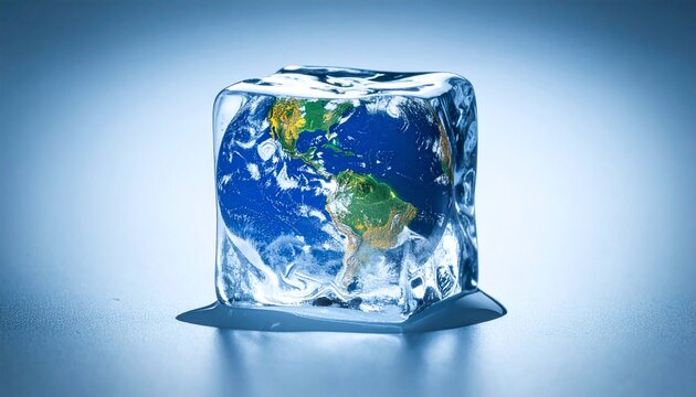 Planet Earth, shaped like an ice cube slowly melting away, a powerful reminder of the urgent need to take action against climate change