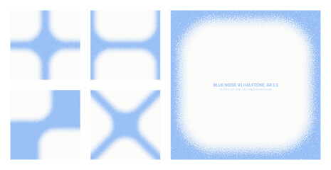 Assorted vector blue noise halftone pattern set in square 1:1 aspect ratio including round vignette frame and various unique textures. Different half tone graphic grainy texture design element bundle