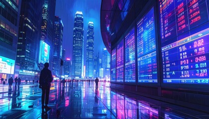 Digital screens display currency data and financial information in vibrant urban setting