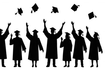 Graduates silhouette throwing caps in air celebrating academic achievement and success on transparent background