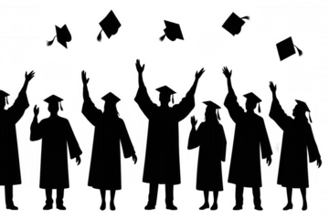 Graduates silhouette throwing caps in air celebrating academic achievement and success on transparent background