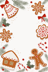 Naklejka premium Gingerbread cookies, snowflakes, candy canes, holly leaves, fir branches on white icing. Hand drawn vector background for text, greetings, and promotions. Textured holiday frame for cards.