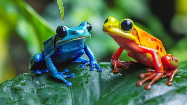 Colorful frogs perched on green leaf in lush environment