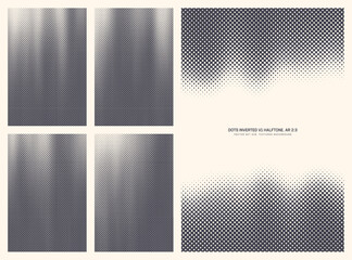Assorted vector retro styled inverted dots halftone pattern set in vertical 2:3 aspect ratio including faded border and various flowing textures. Miscellaneous offset print design elements bundle