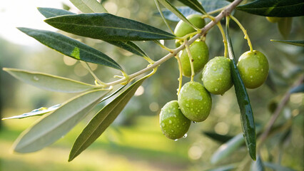 Closeup of an olive branch with green olives growing on it, showcasing the beauty of nature and the bounty of the harvest