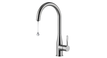 Isolated sleek metal faucet with water droplet, single handle for modern kitchen or bath