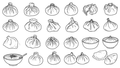 Monochrome illustrations of Georgian khinkali dumplings, showcasing various shapes and arrangements