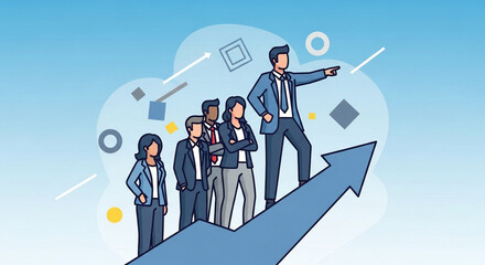 A group of diverse business professionals, led by a confident leader, stands on an upwardpointing arrow, symbolizing teamwork, direction, and success