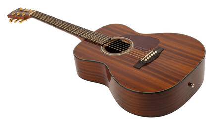 Obraz premium Isolated acoustic guitar instrument, brown wood, beautiful grain, stage or studio performance