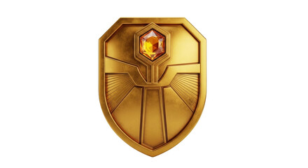 Isolated golden shield with orange gem, fantasy, protection emblem, medieval heritage symbol