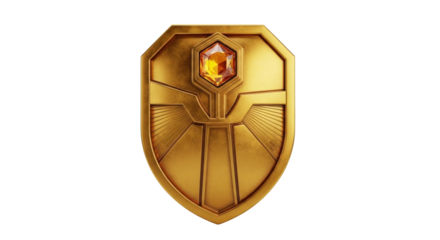 Isolated golden shield with orange gem, fantasy, protection emblem, medieval heritage symbol