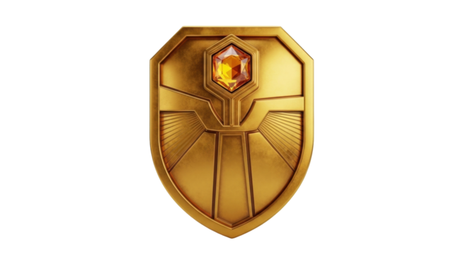 Isolated golden shield with orange gem, fantasy, protection emblem, medieval heritage symbol