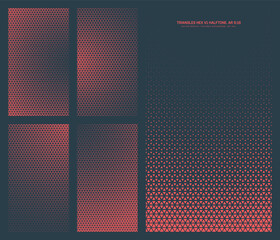 Assorted vector triangles hexagonal grid red black halftone pattern set in vertical 9:16 aspect ratio including round smooth blurred frame and various textures. Half tone texture design element bundle
