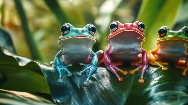 Colorful frogs perched on leafy green surface