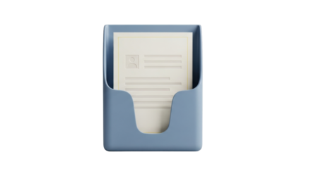 Isolated blue plastic file holder with sheet of paper, document rack for organization