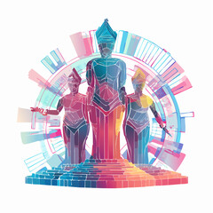 Fototapeta premium Abstract vector art of ancient Egyptian gods reimagined with vibrant psychedelic colors and futuristic techno design elements