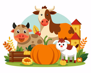 Obraz premium Farm animals set – cow, sheep, chicken, Thanksgiving harvest isolated on white background
