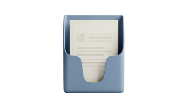 Isolated blue plastic file holder with sheet of paper, document rack for organization