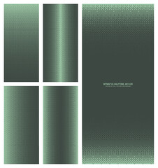 Assorted vector bitmap sage green halftone pattern set in vertical 9:20 aspect ratio including faded frame and various textures. Varied 8bit retro futuristic style textured design elements bundle
