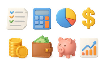 Financial icons: calculator, pie chart, dollar sign, coins, wallet, piggy bank, growth graph