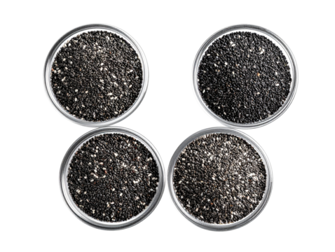  Chia Seeds in Small Glass Bowls, Flat Lay Superfood Ingredient Collection